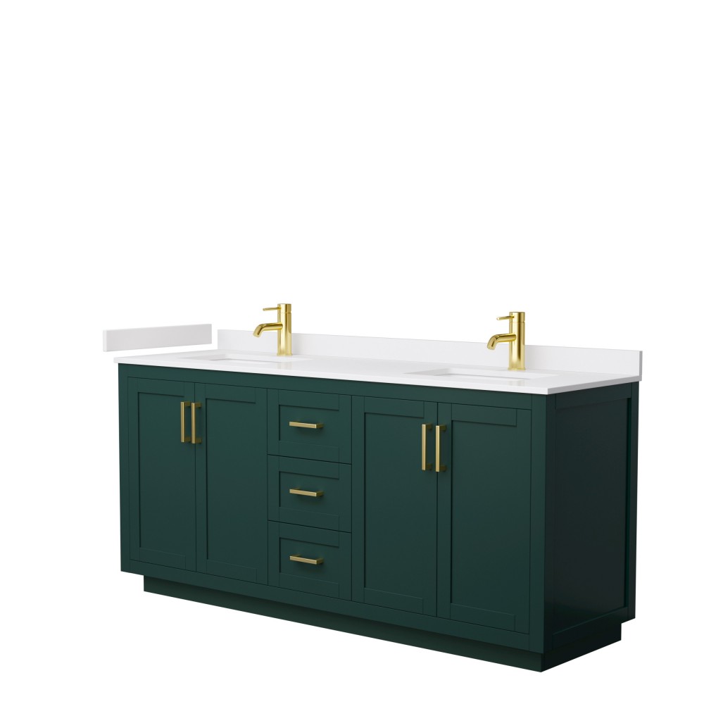 Miranda 72" Double Vanity in Green, White Cultured Marble Top, Gold Trim
