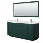 Miranda 72" Double Vanity in Green, White Marble Top, Nickel Trim, 70" Mirror