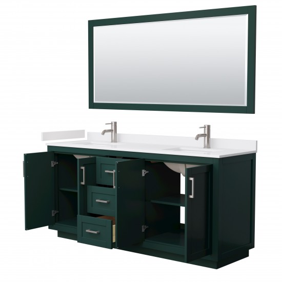 Miranda 72" Double Vanity in Green, White Marble Top, Nickel Trim, 70" Mirror