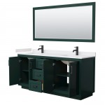 Miranda 72" Double Vanity in Green, White Marble Top, Black Trim, 70" Mirror