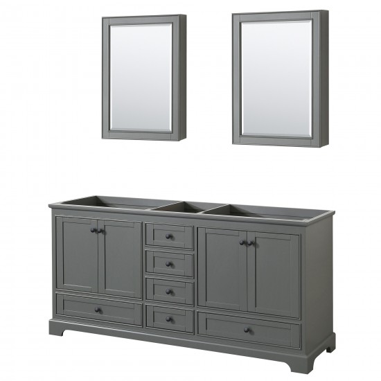 Deborah 72" Dark Gray Double Vanity, No Top, Matte Black Trim, Medicine Cabinets