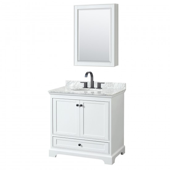 Deborah 36" Single Vanity in White, Top, Oval Matte Black Trim, Medicine Cabinet