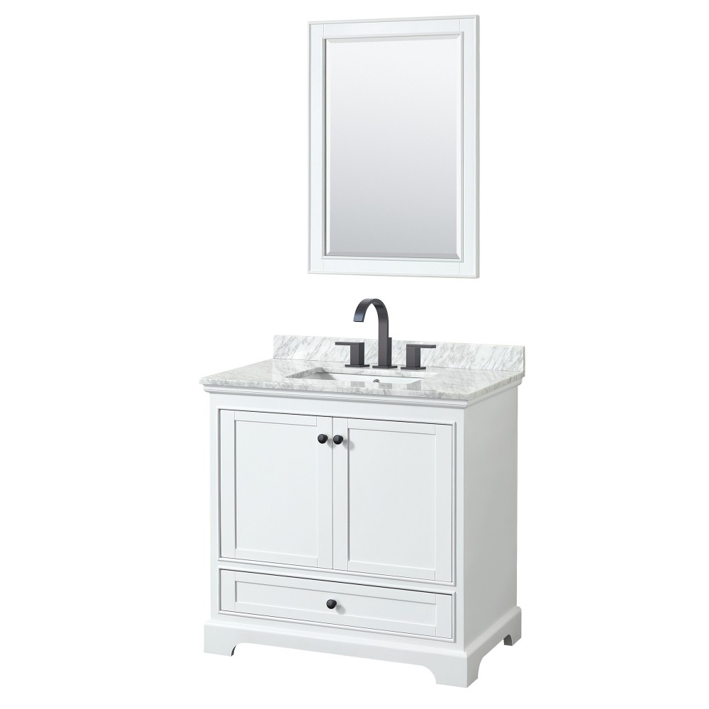 Deborah 36" Single Vanity in White, Top, Square Matte Black Trim, 24" Mirror