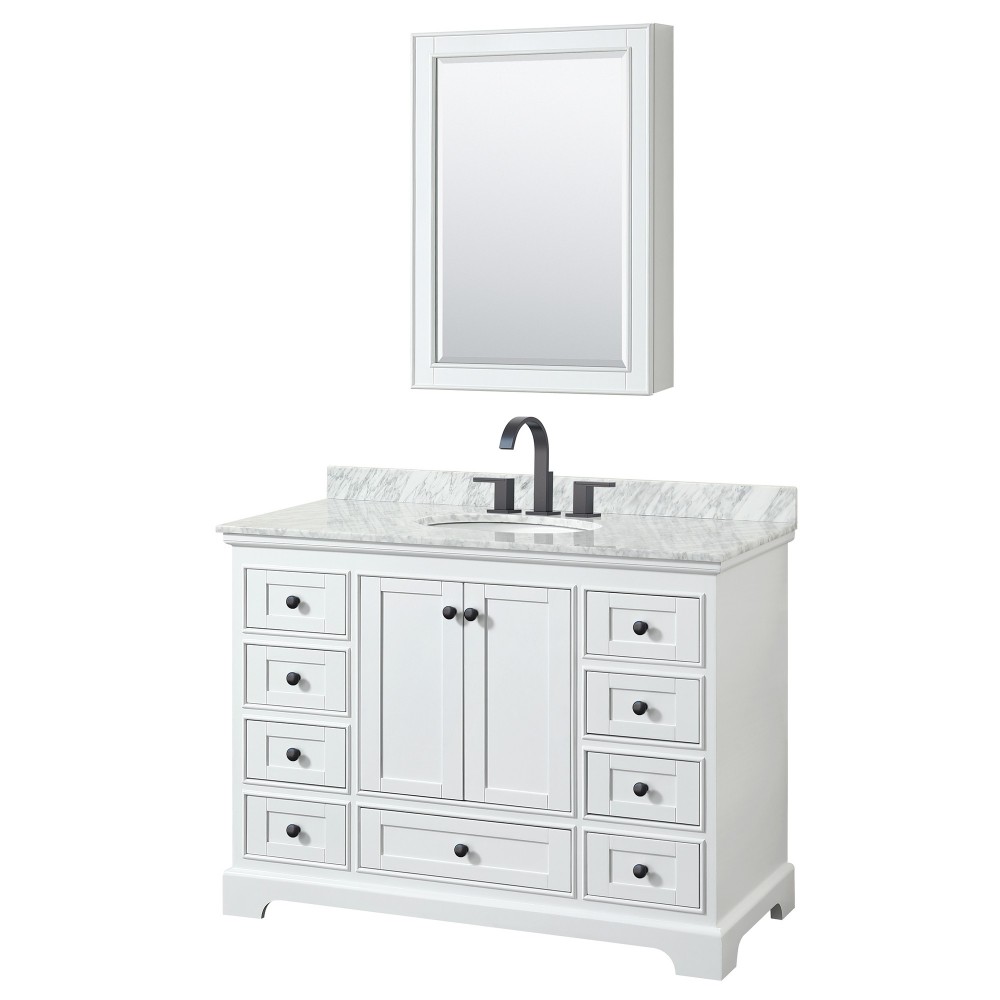 Deborah 48" Single Vanity in White, Top, Oval Matte Black Trim, Medicine Cabinet