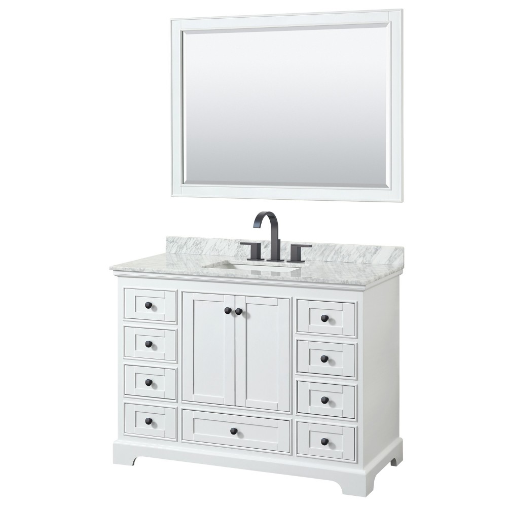 Deborah 48" Single Vanity in White, Top, Square Matte Black Trim, 46" Mirror