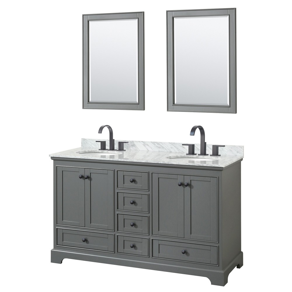 Deborah 60" Double Vanity in Dark Gray, Top, Oval Matte Black Trim, 24" Mirrors