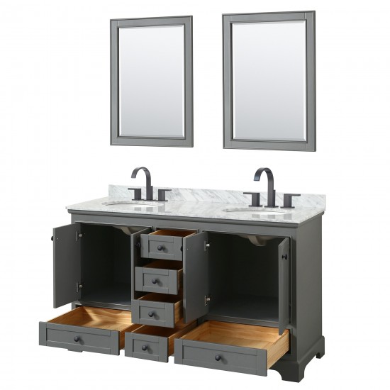 Deborah 60" Double Vanity in Dark Gray, Top, Oval Matte Black Trim, 24" Mirrors