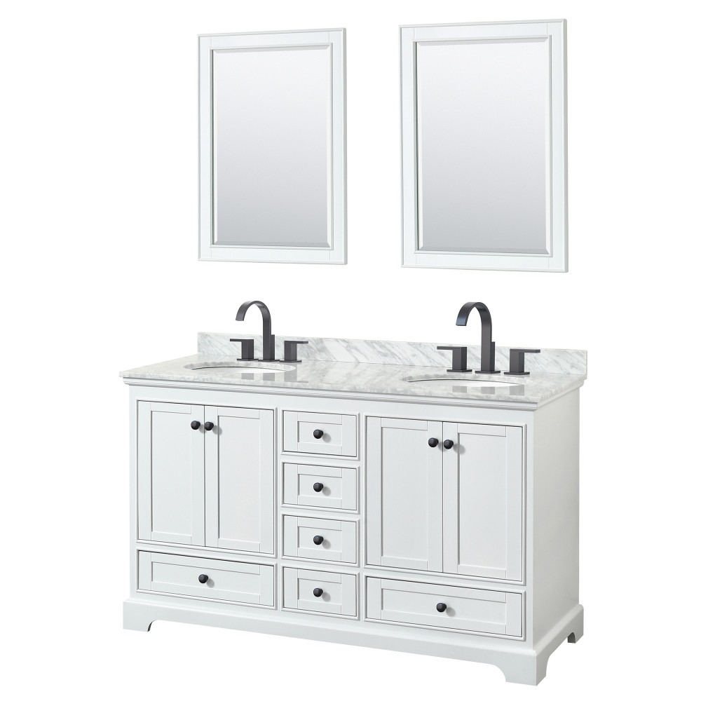 Deborah 60" Double Vanity in White, Top, Oval Matte Black Trim, 24" Mirrors