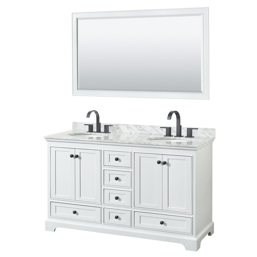 Deborah 60" Double Vanity in White, Top, Oval Matte Black Trim, 58" Mirror