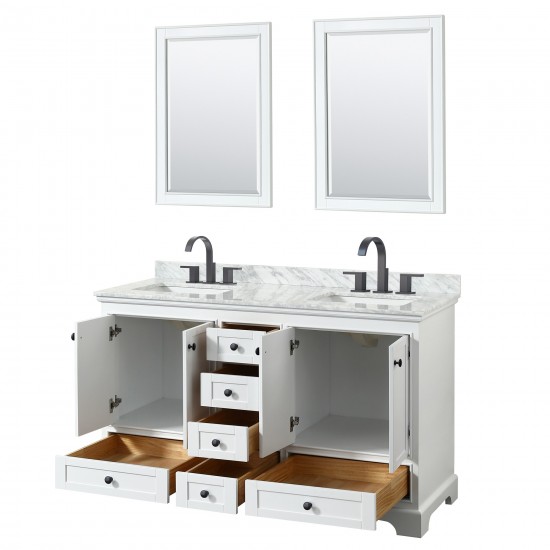 Deborah 60" Double Vanity in White, Top, Square Matte Black Trim, 24" Mirrors