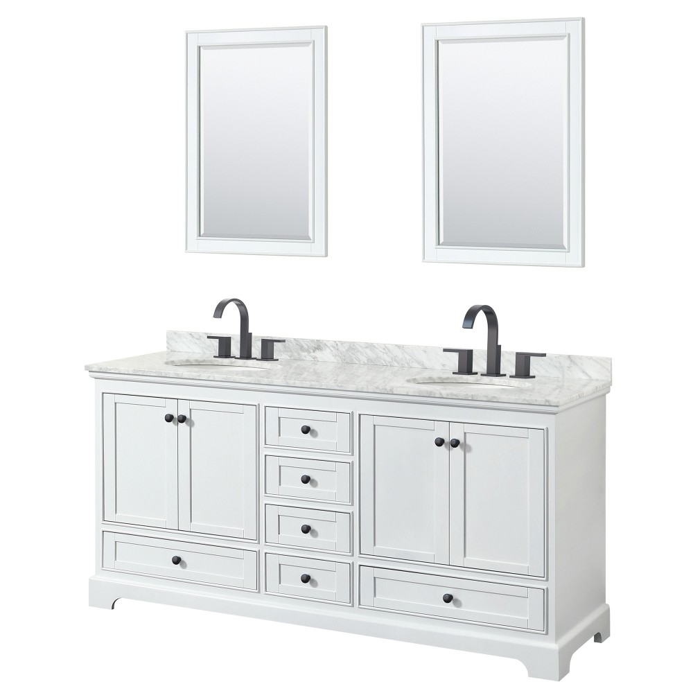 Deborah 72" Double Vanity in White, Top, Oval Matte Black Trim, 24" Mirrors