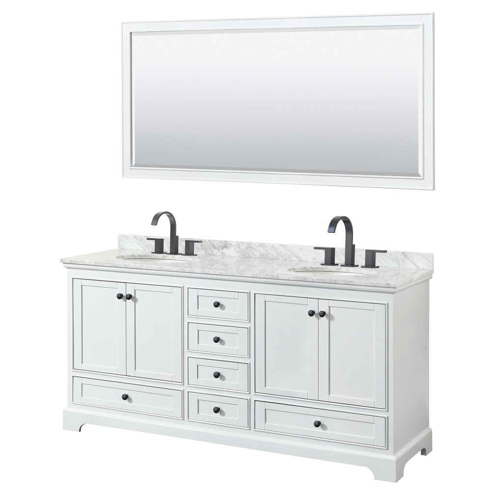 Deborah 72" Double Vanity in White, Top, Oval Matte Black Trim, 70" Mirror