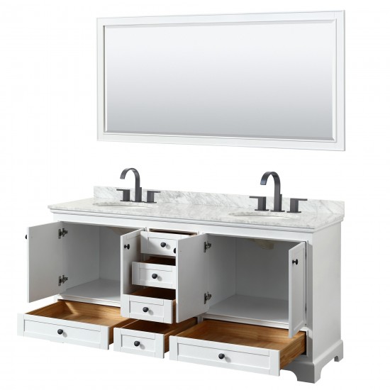 Deborah 72" Double Vanity in White, Top, Oval Matte Black Trim, 70" Mirror