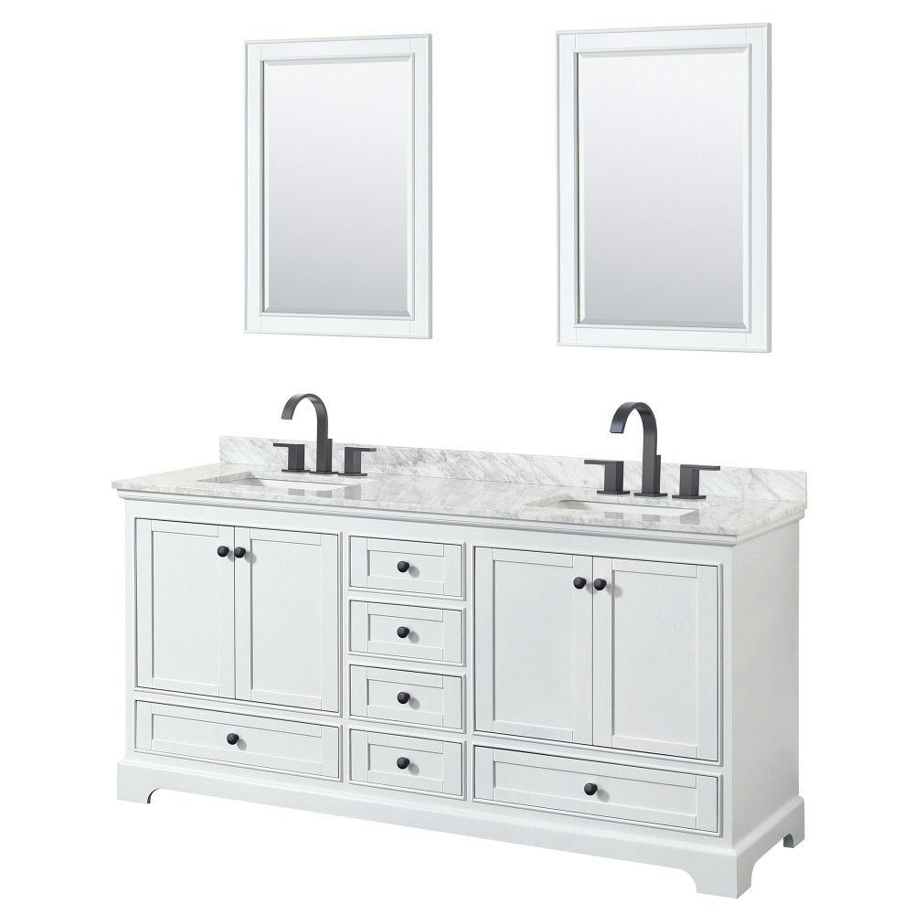 Deborah 72" Double Vanity in White, Top, Square Matte Black Trim, 24" Mirrors