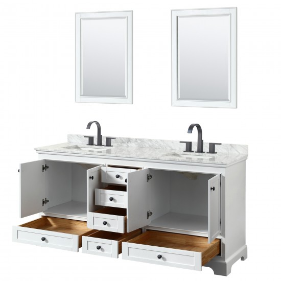 Deborah 72" Double Vanity in White, Top, Square Matte Black Trim, 24" Mirrors