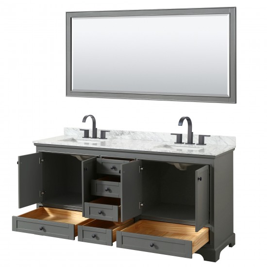 Deborah 72" Double Vanity in Dark Gray, Top, Square Matte Black Trim, 70" Mirror