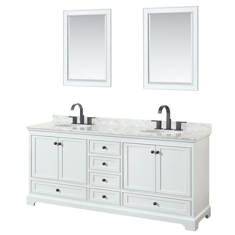 Deborah 80" Double Vanity in White, Top, Oval Matte Black Trim, 24" Mirrors