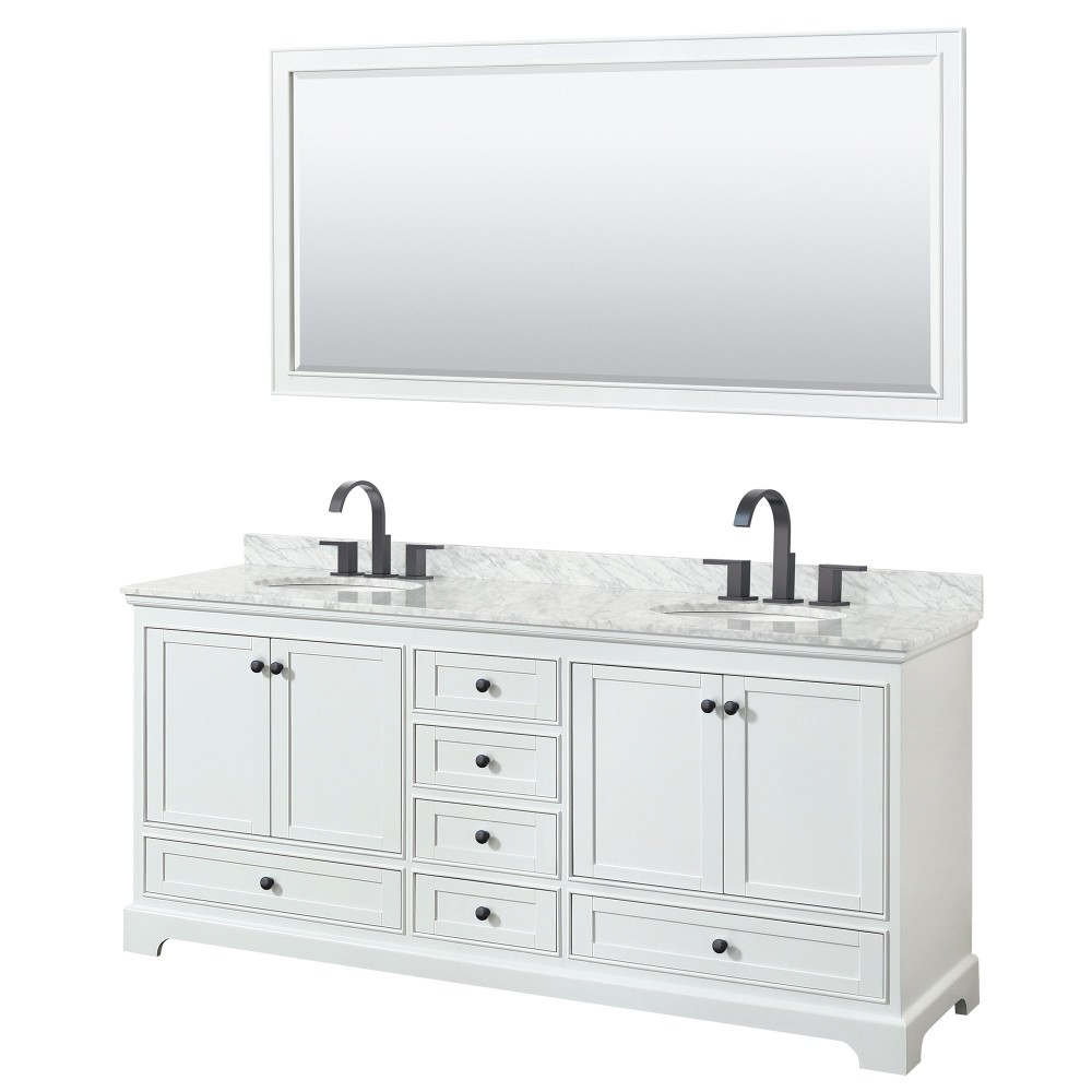 Deborah 80" Double Vanity in White, Top, Oval Matte Black Trim, 70" Mirror