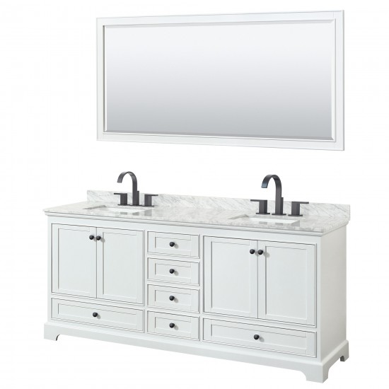 Deborah 80" Double Vanity in White, Top, Square Matte Black Trim, 70" Mirror