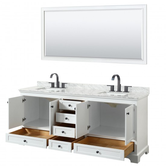 Deborah 80" Double Vanity in White, Top, Square Matte Black Trim, 70" Mirror