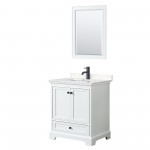 Deborah 30" Single Vanity in White, Carrara Marble Top, Black Trim, 24" Mirror