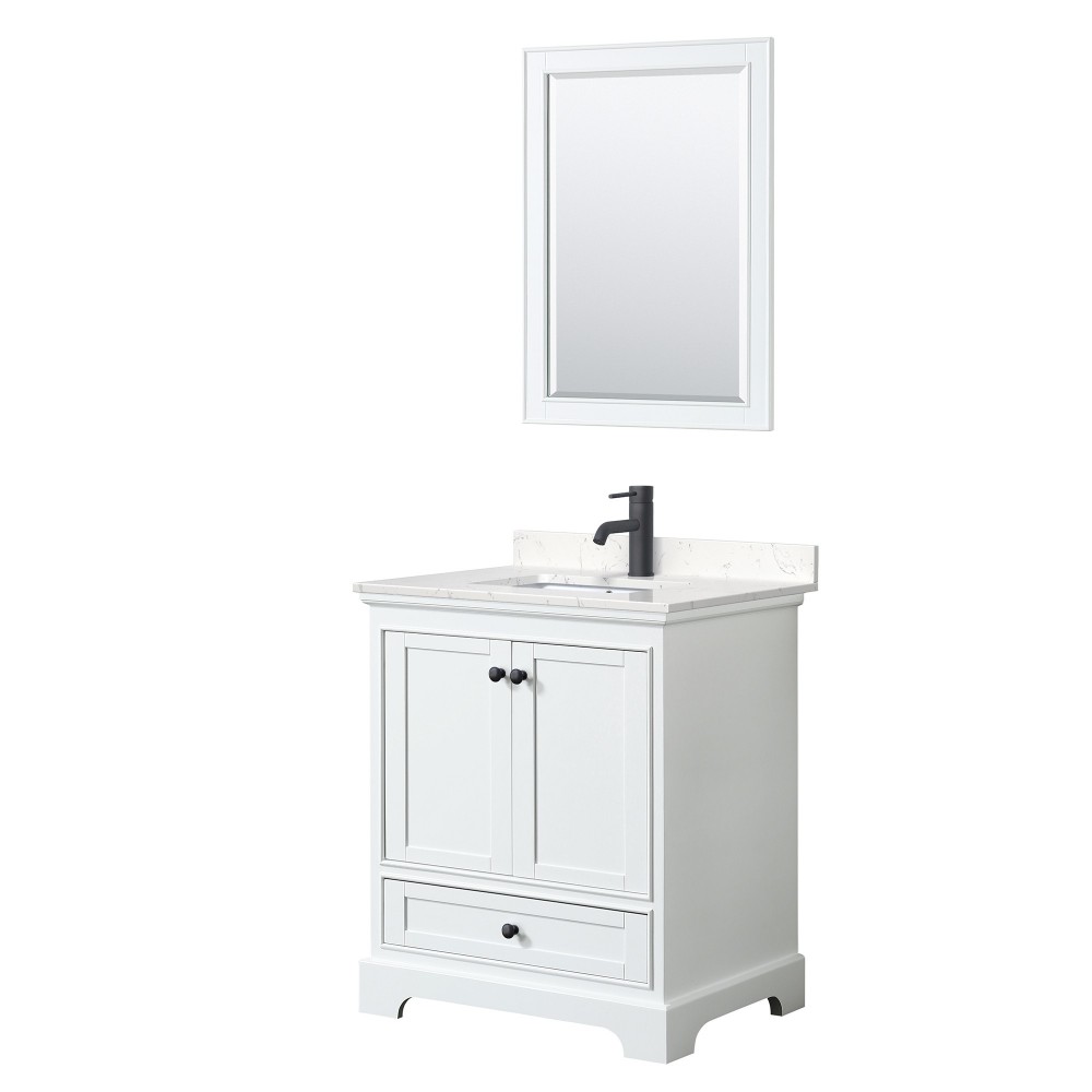 Deborah 30" Single Vanity in White, Carrara Marble Top, Black Trim, 24" Mirror