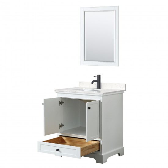 Deborah 30" Single Vanity in White, Carrara Marble Top, Black Trim, 24" Mirror