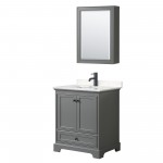 Deborah 30" Gray Single Vanity, Carrara Marble Top, Black Trim, Medicine Cabinet