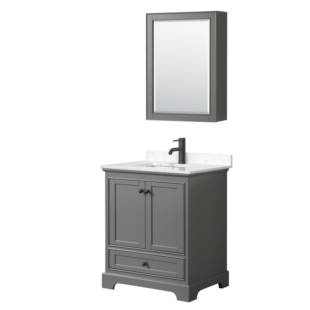 Deborah 30" Gray Single Vanity, Carrara Marble Top, Black Trim, Medicine Cabinet