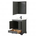 Deborah 30" Gray Single Vanity, Carrara Marble Top, Black Trim, Medicine Cabinet