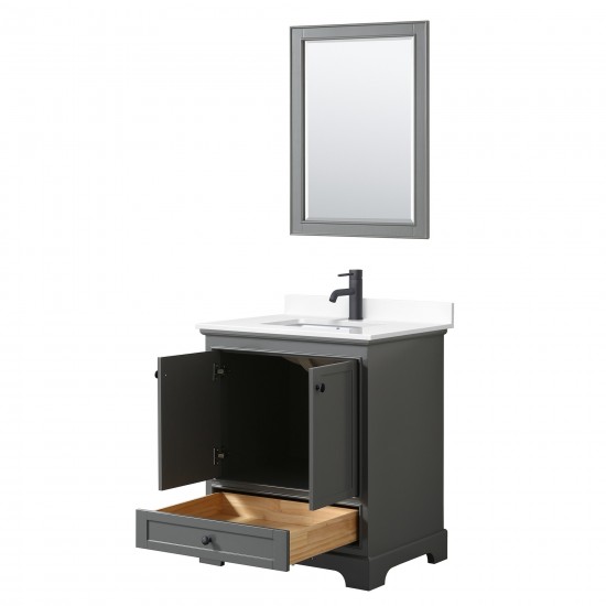 Deborah 30" Single Vanity in Dark Gray, White Marble Top, Black Trim, 24" Mirror