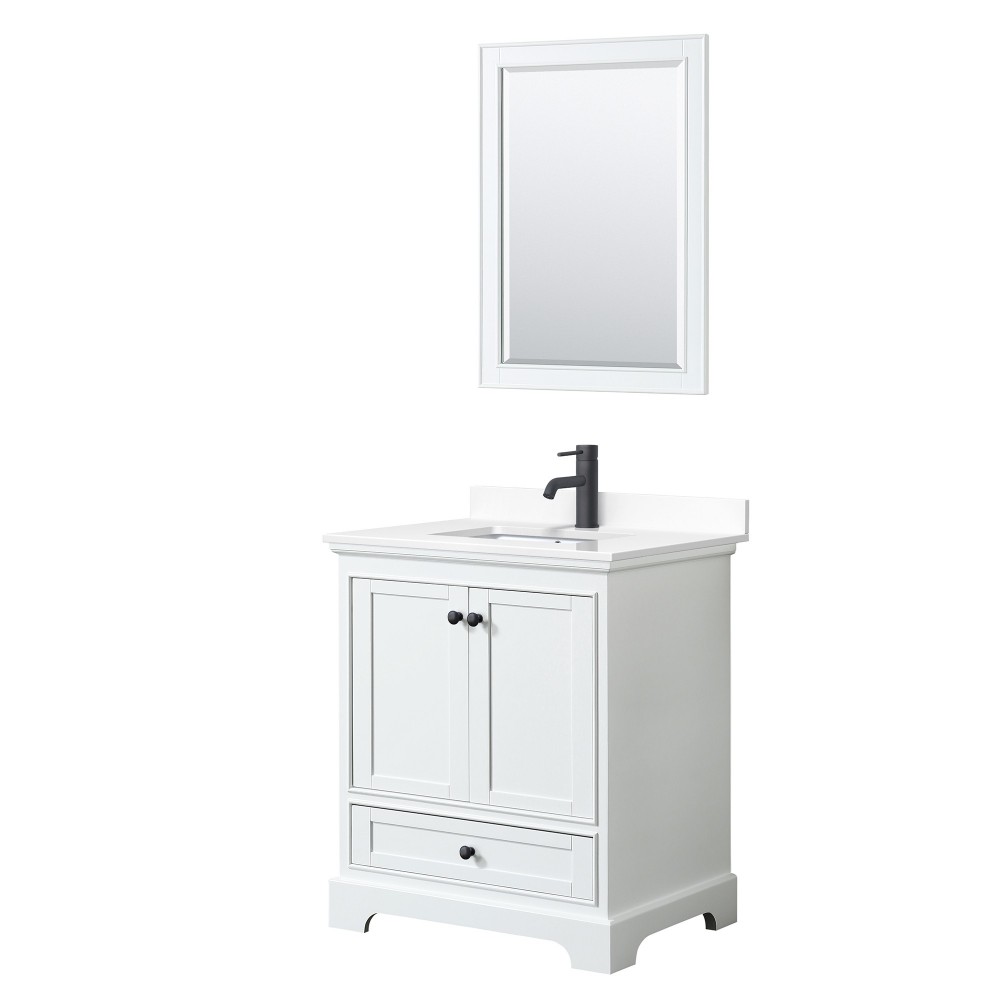 Deborah 30" Single Vanity in White, White Marble Top, Black Trim, 24" Mirror