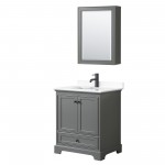 Deborah 30" Gray Single Vanity, White Marble Top, Black Trim, Medicine Cabinet