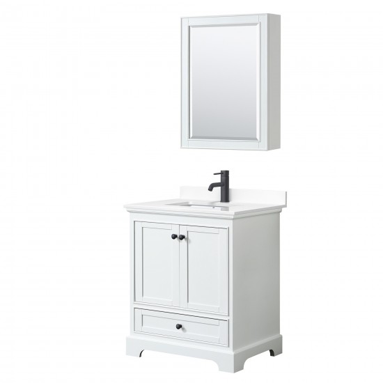 Deborah 30" White Single Vanity, White Marble Top, Black Trim, Medicine Cabinet