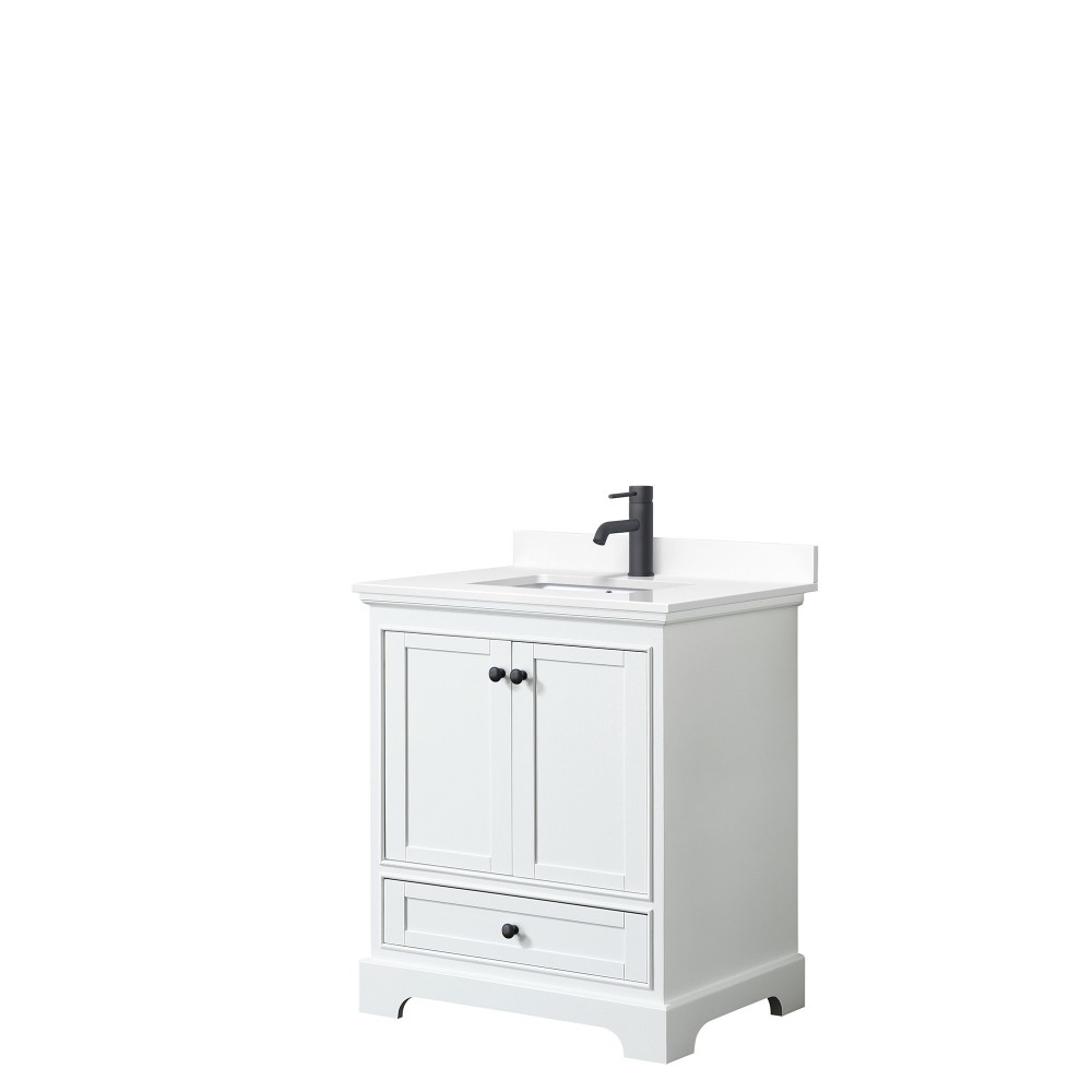 Deborah 30" Single Vanity in White, White Cultured Marble Top, Black Trim