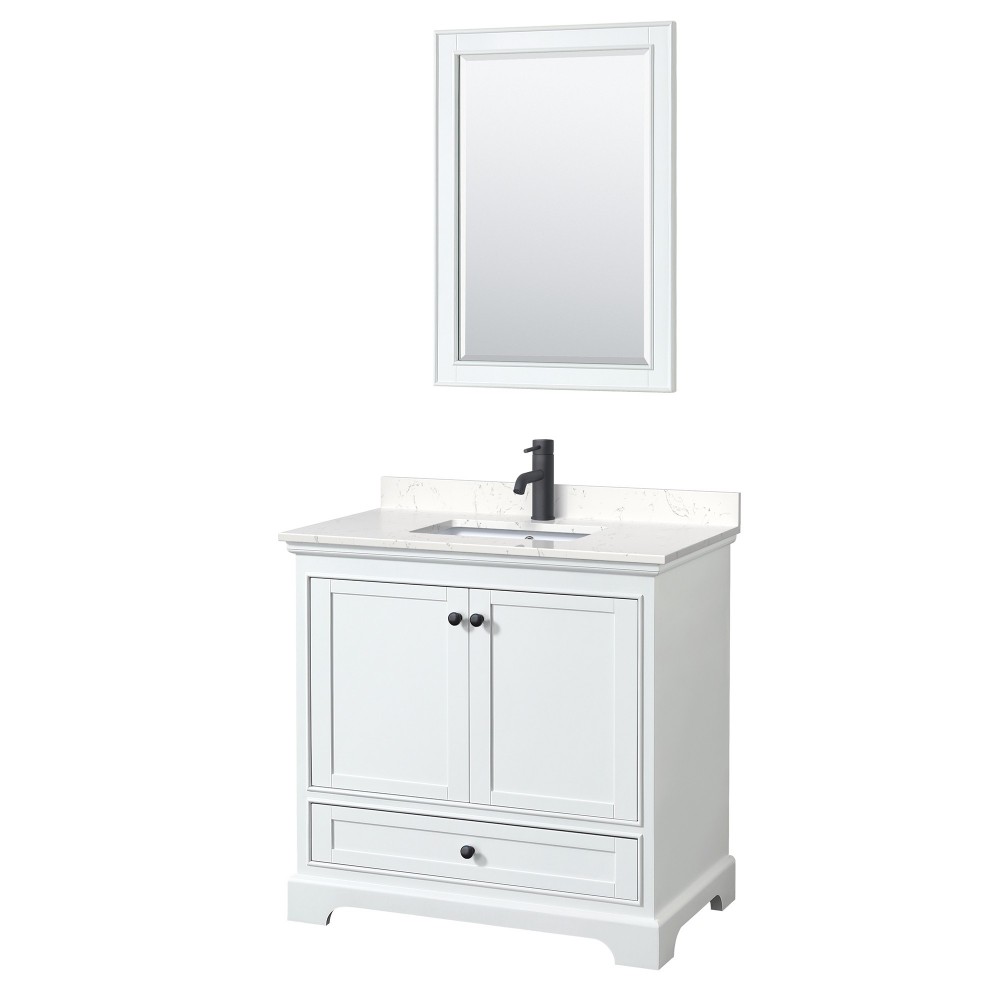 Deborah 36" Single Vanity in White, Carrara Marble Top, Black Trim, 24" Mirror