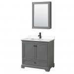 Deborah 36" Gray Single Vanity, Carrara Marble Top, Black Trim, Medicine Cabinet