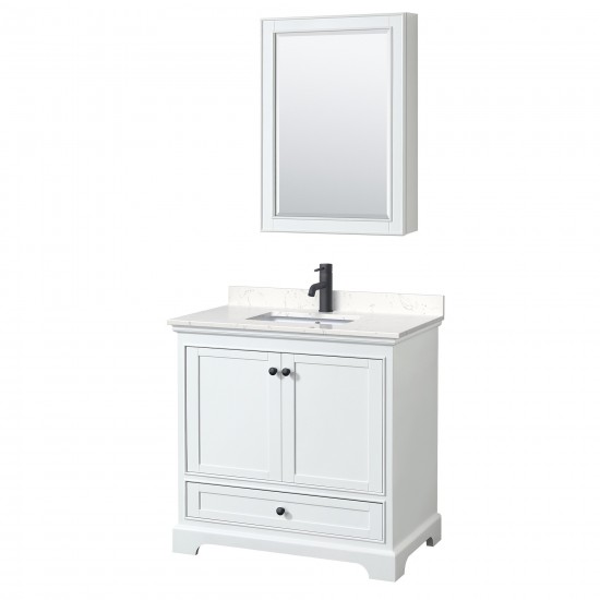 Deborah 36" White Single Vanity, Carrara Marble Top, Trim, Medicine Cabinet