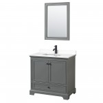 Deborah 36" Single Vanity in Dark Gray, White Marble Top, Black Trim, 24" Mirror