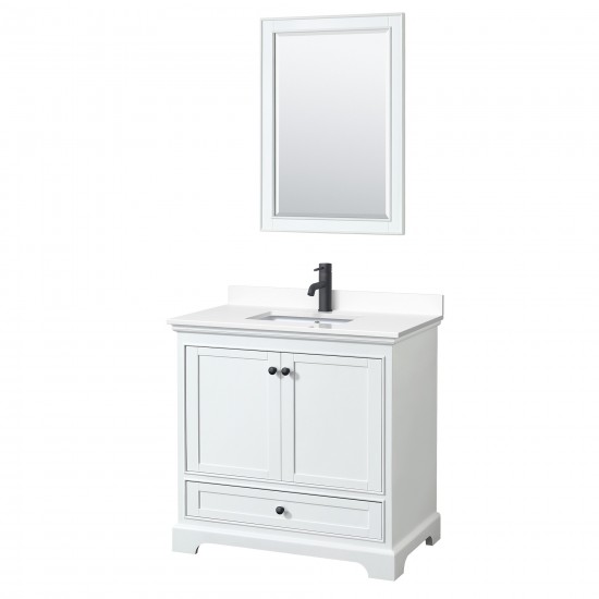 Deborah 36" Single Vanity in White, White Marble Top, Black Trim, 24" Mirror