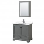 Deborah 36" Gray Single Vanity, White Marble Top, Black Trim, Medicine Cabinet