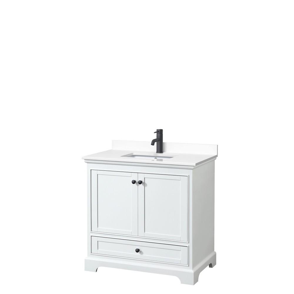 Deborah 36" Single Vanity in White, White Cultured Marble Top, Black Trim