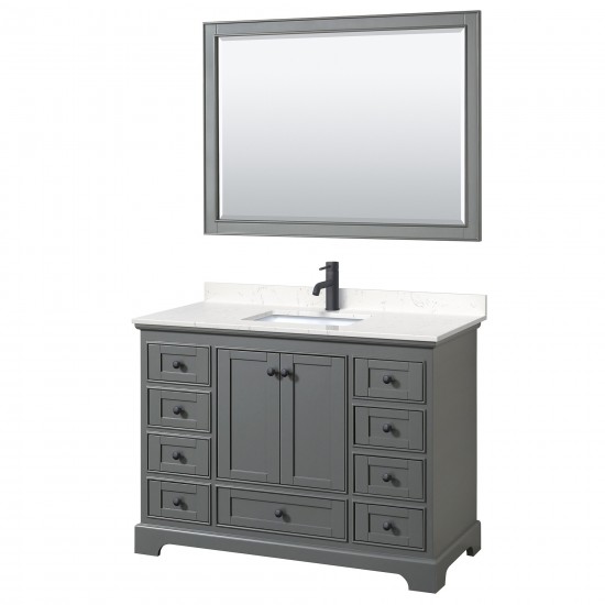 Deborah 48" Dark Gray Single Vanity, Carrara Marble Top, Black Trim, 46" Mirror