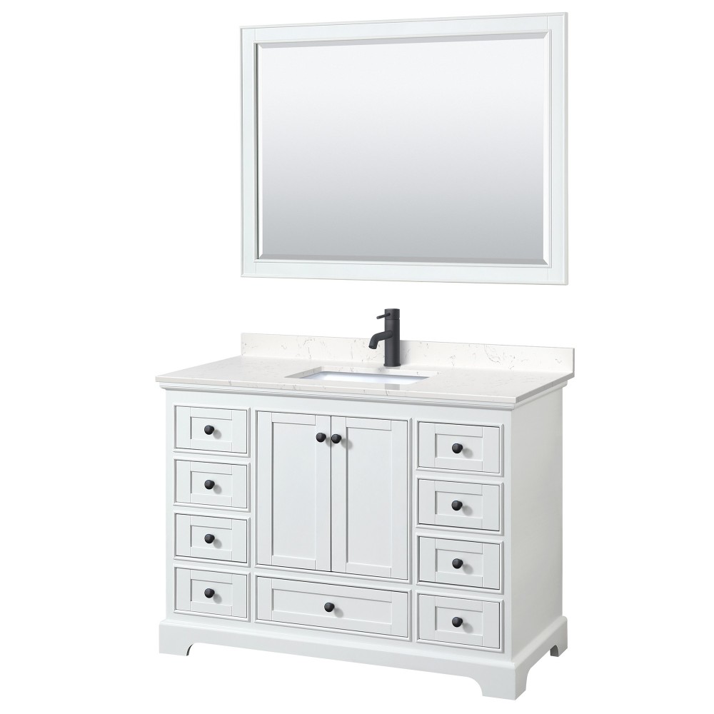 Deborah 48" Single Vanity in White, Carrara Marble Top, Black Trim, 46" Mirror