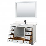 Deborah 48" Single Vanity in White, Carrara Marble Top, Black Trim, 46" Mirror