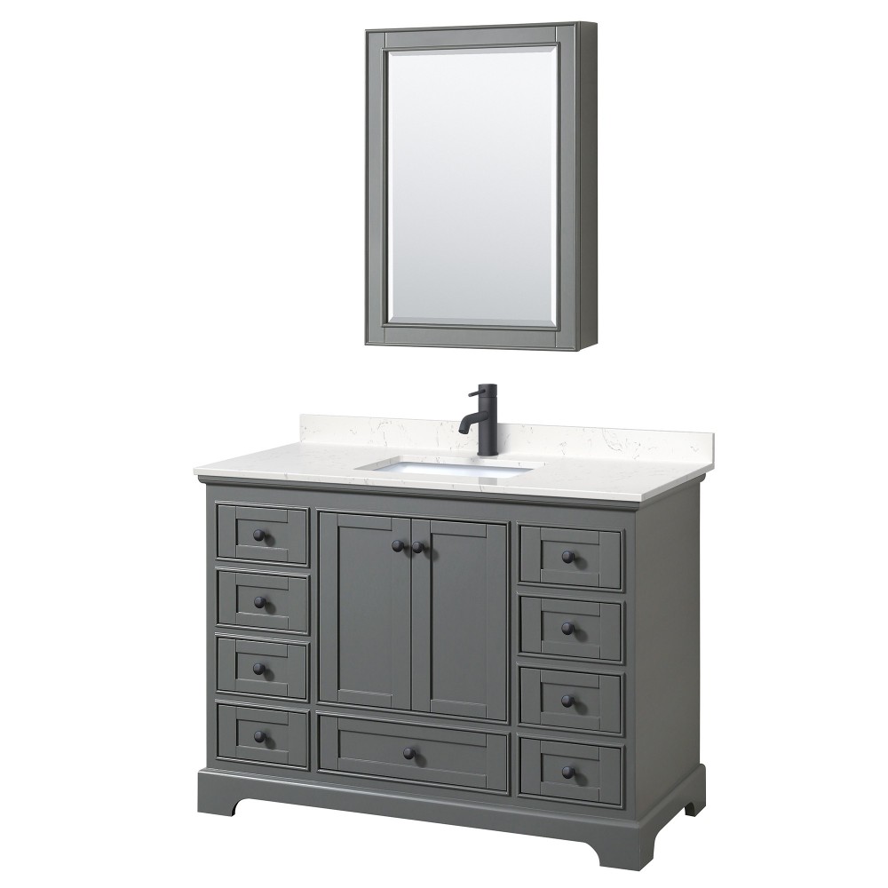 Deborah 48" Gray Single Vanity, Carrara Marble Top, Black Trim, Medicine Cabinet