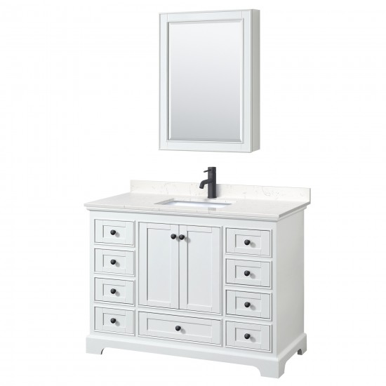 Deborah 48" White Single Vanity, Carrara Marble Top, Trim, Medicine Cabinet