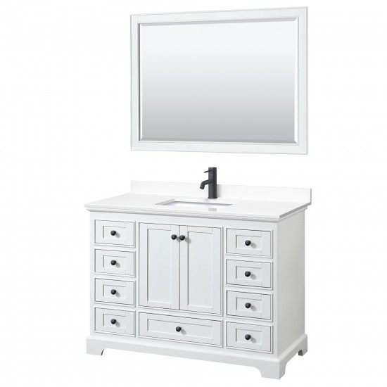 Deborah 48" Single Vanity in White, White Marble Top, Black Trim, 46" Mirror