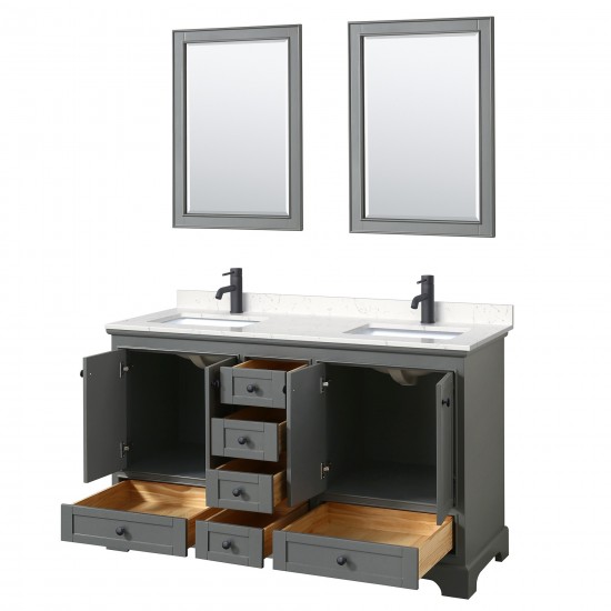 Deborah 60" Dark Gray Double Vanity, Carrara Marble Top, Black Trim, 24" Mirrors