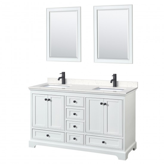 Deborah 60" Double Vanity in White, Carrara Marble Top, Black Trim, 24" Mirrors